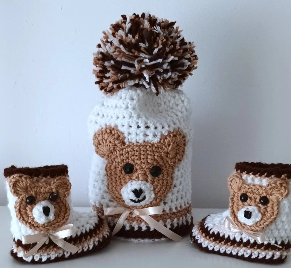 SOMBRERO Y ZAPATOS DE GANCHILLO PARA BEBÉ HECHOS A MANO CON BOTINES DE OSO BOTAS SUAVES CÁLIDOS  Foto 4 de 4