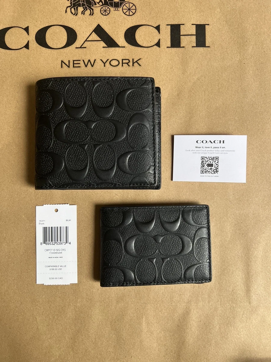 Coach F75371 Men Compact ID 3 in 1 Wallet Bifold Embossed Leather