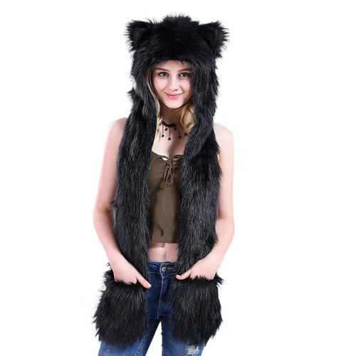Animal Hat Hood Scarf Animal Ears Winter Cap With Paws Mittens For Costume - Picture 2 of 30