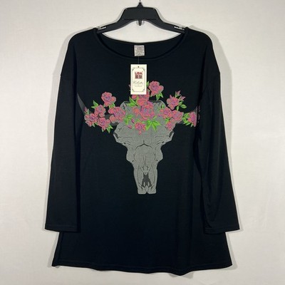 Lyda France(Lida) NWT Floral Bull Skull Graphic Tee Black Boho Western Top