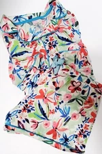 Lady Princess M Floral Pajama 2 PC Set Button Down Top & Shorts White/Coral/Aqua