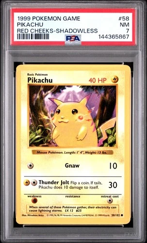 1999 Pokemon Base Set (Shadowless) PIKACHU (RED CHEEKS) #58/102 NM PSA 7