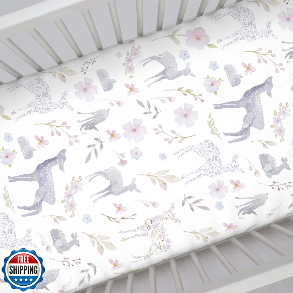 Sábana Ajustable NoJo Súper Suave Floral Ciervo Cuna, Gris, Azul Claro, Rosa Foto 3 de 3