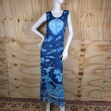 Boho Tie-Dye Maxi Dress 10/12 Blue Crinkle Indian Block Print Vintage 1990s Y2k