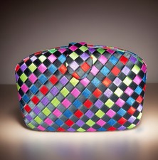 VTG Women  s 90s Clutch Multicolor Woven Satin Ribbon Hard-Shell Handbag Glam Lux