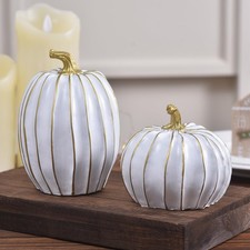 Fall Pumpkin Decor for Home, 2pcs White and Gold Resin Pumpkins, Thanksgiving...
