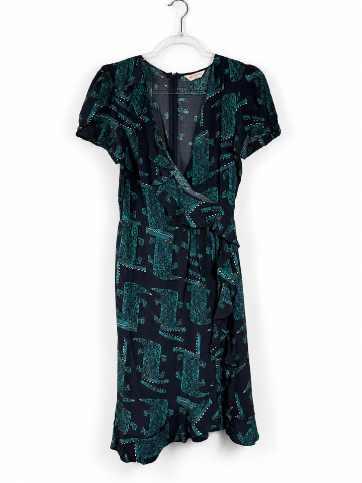 Gorman Dress AU 8 100% Silk Teal Crocodile Print Ruffle Faux Wrap Midi