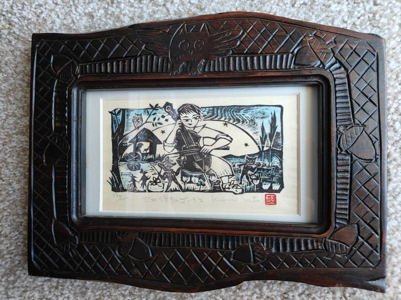 Kunio Sato Kashiwabayashi The Cello Player Japanese Woodblock, numbered & signed