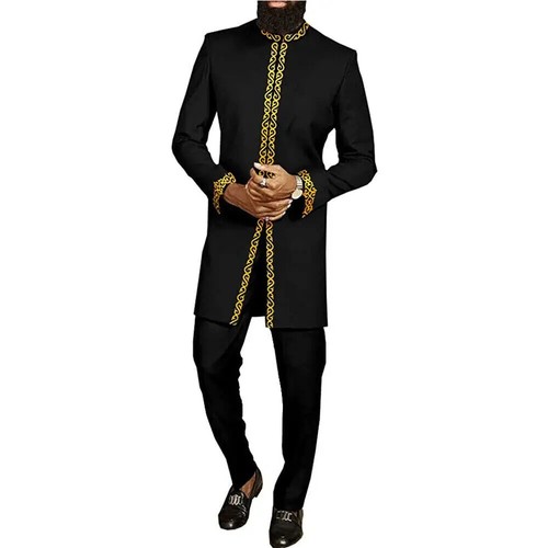 2Pcs Outfits for Mens African Wedding Party Long Sleeve Shirts and Pants Modest - Picture 5 of 27