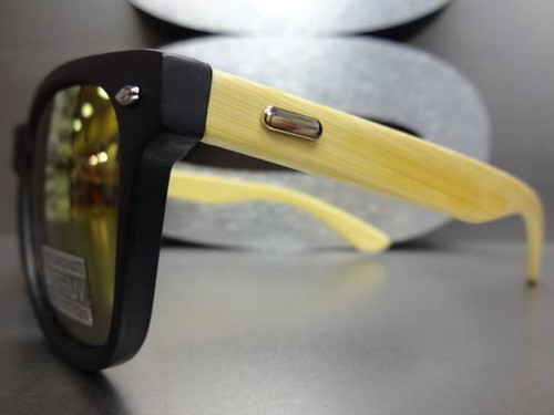 CLASSIC VINTAGE Style SUNGLASSES Matte Black Bamboo Wood Wooden Frame Gold Lens - Picture 6 of 9
