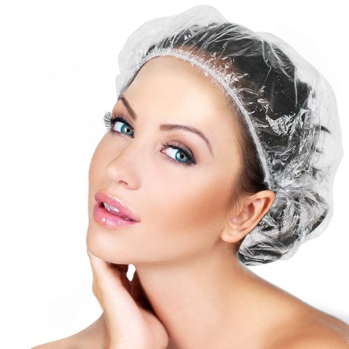 100 Pcs Clear Disposable Plastic Hair Caps for Hair Treatment Shower Salon