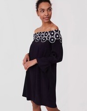 EUC Ann Taylor LOFT Navy Blue Circle Lace Off The Shoulder Shift Dress, X-SMALL