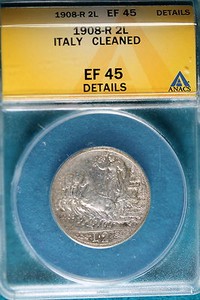 1908-R ANACS EF45 Details Cleaned Italy 2 Lire! #B4797