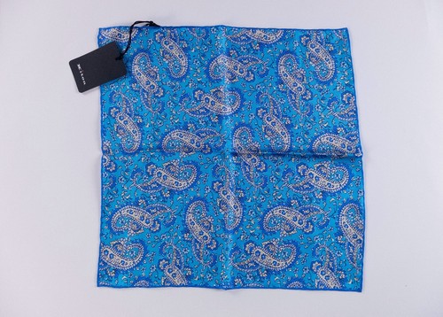 KITON Napoli hand made blue paisley print silk pocket square authentic NWT