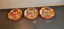3 VTG JEANETTE Crackle Marigold Carnival Glass Scalloped Edge 4.25" Berry Bowls