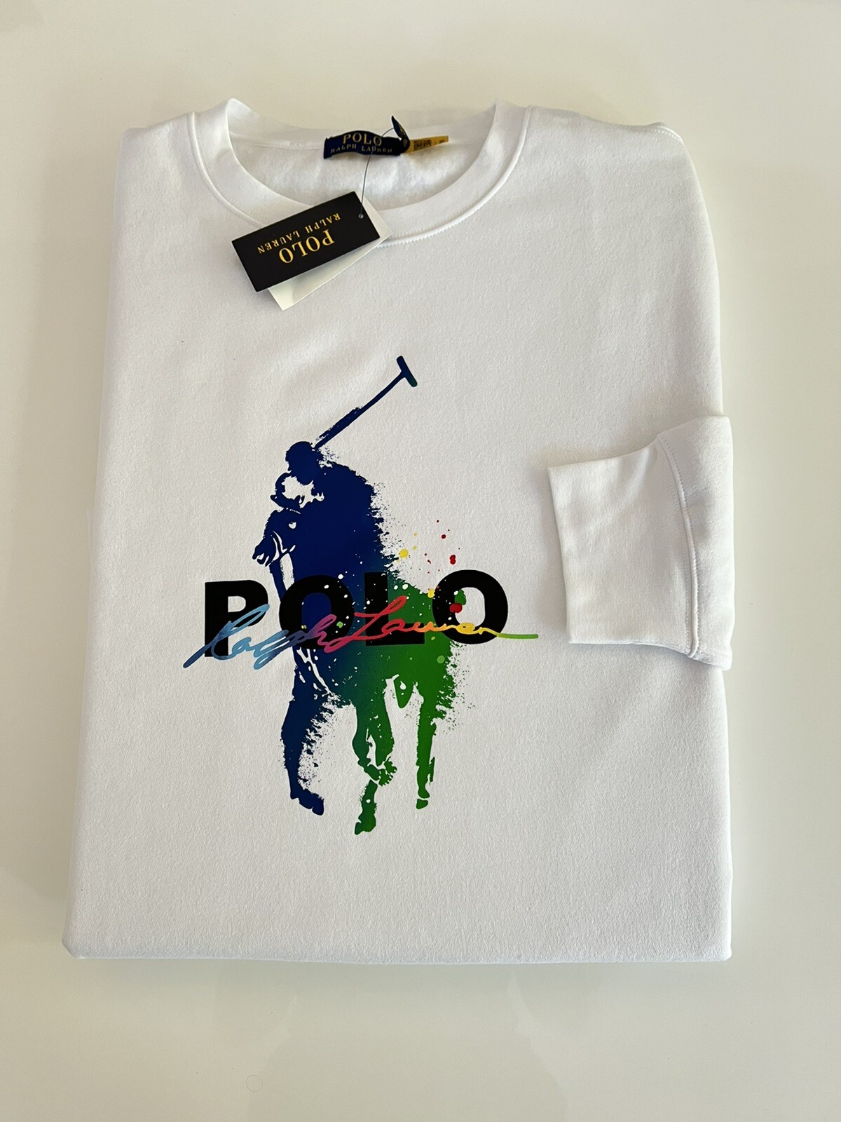 Polo Ralph Lauren Uomo Bianco Vernice Splatter Big Pony Felpa Grande e Alta 3XLT