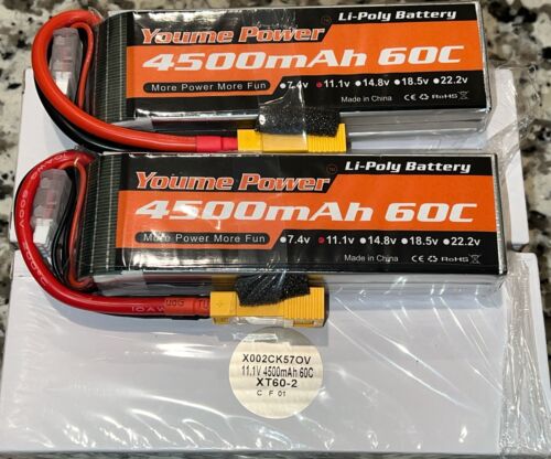 2pcs Youme 11.1V 4500mAh 3S LiPo Battery 60C XT60-2 RC Car Truck Drone FPV Quad