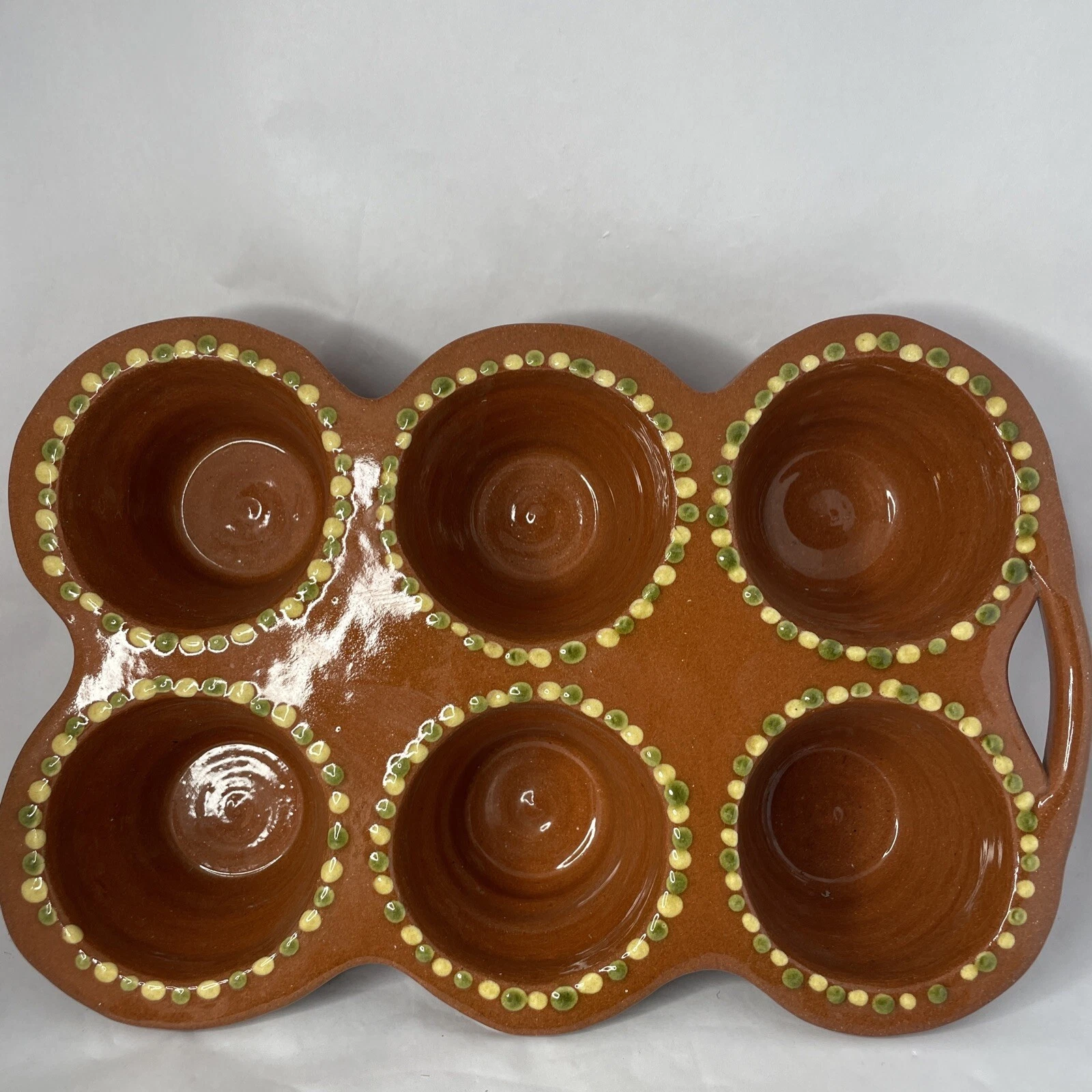 Redware Pottery Muffin Pan Green Yellow Dots signed ES Moore 1970’s date Fat Rol