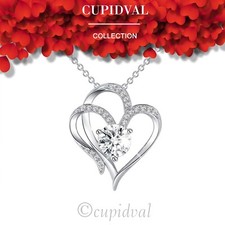 14K WHITE GOLD DOUBLE HEART PENDANT NECKLACE CZ STONES VALENTINE'S DAY GIFT