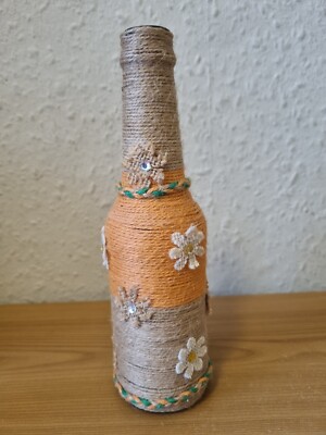 Handverzierte Recycling Flasche 250ml verpackt in Garn Jute Vase Dekor Orange