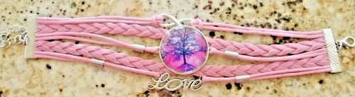 Love Adjustable Pink Faux Leather Corded Tree of Life Glass Cabochon Bracelet