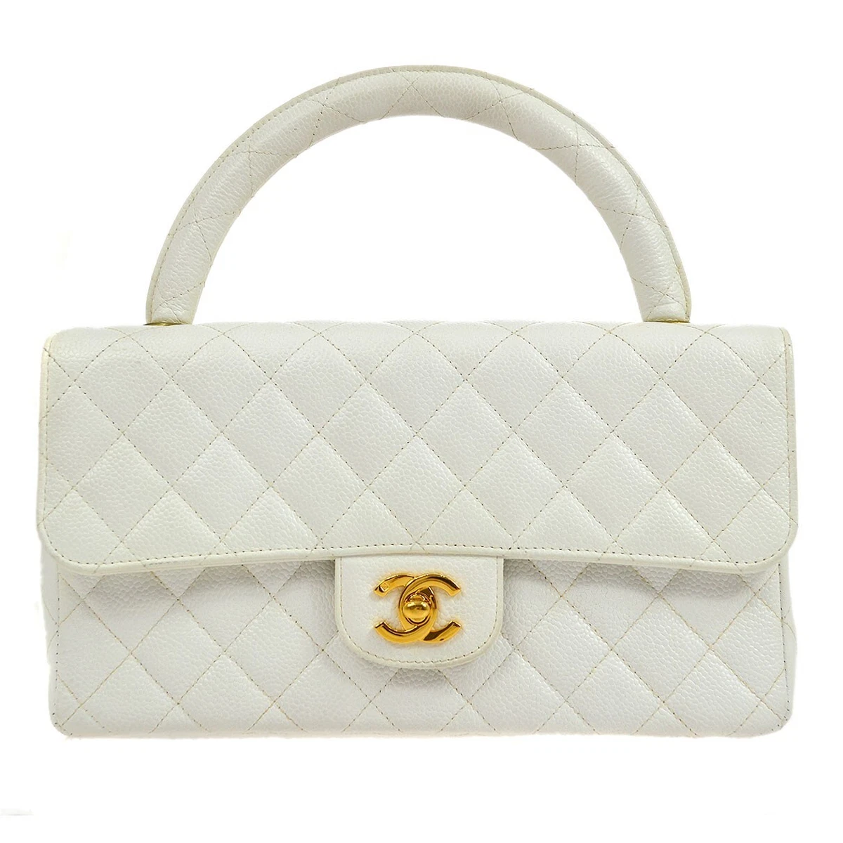 CHANEL CC Logos Hand Bag Purse White Caviar skin Leather 39606