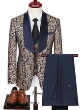 Mens Jacquard Blazer Vest Pants Suits Coats Banquet Party Casual Slim Fit 3PCS