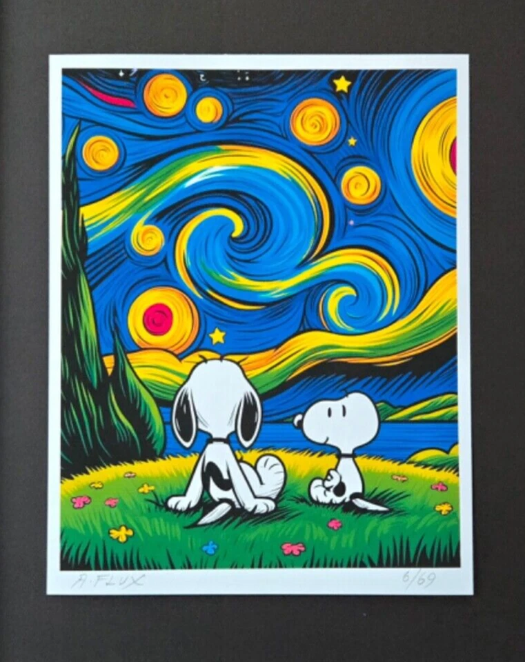 AIDAN FLUX | Estampado Auténtico Firmado a Mano Enmarcado Snoopy Noche Estrellada Certificado de Autenticidad Foto 2 de 4