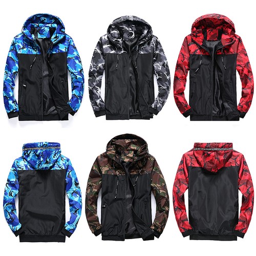 Men's Camo Windproof Waterproof Hiking Hooded Coat ZipUp Jacket Outwear Raincoat - Picture 1 of 17