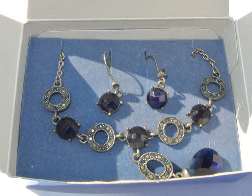 MAGNIFIQUE COFFRET CADEAU AVON "Y" BLEU saphir pierre précieuse collier et paire de boucles d'oreilles - Photo 1/2