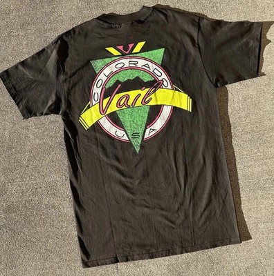 VTG EARLY 90s Vail, CO Deadstock Single Stitch Black TEE Neon Color BEEFY TAG LG