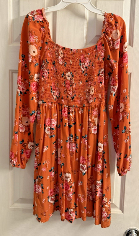 Art Class Orange Floral Smocked Dress Top XL 14/16 Boho Peasant