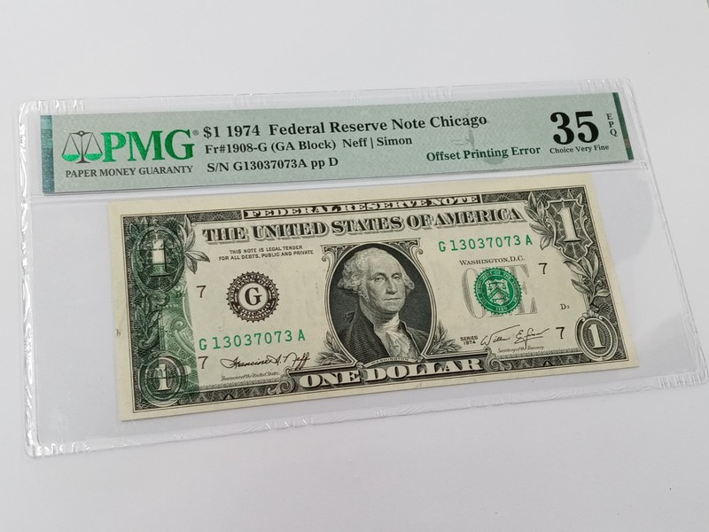 1974 $1 Federal Reserve Note OFFSET PRINTING ERROR Fr#1908-G PMG VF35 EPQ