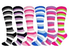 Fuzzy Socks Non Skid, 6 Pairs for Women, One Size Assorted Striped Knee High