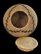 Native American Papago Hand Woven Lidded Coil Basket. Tohono O’odham.