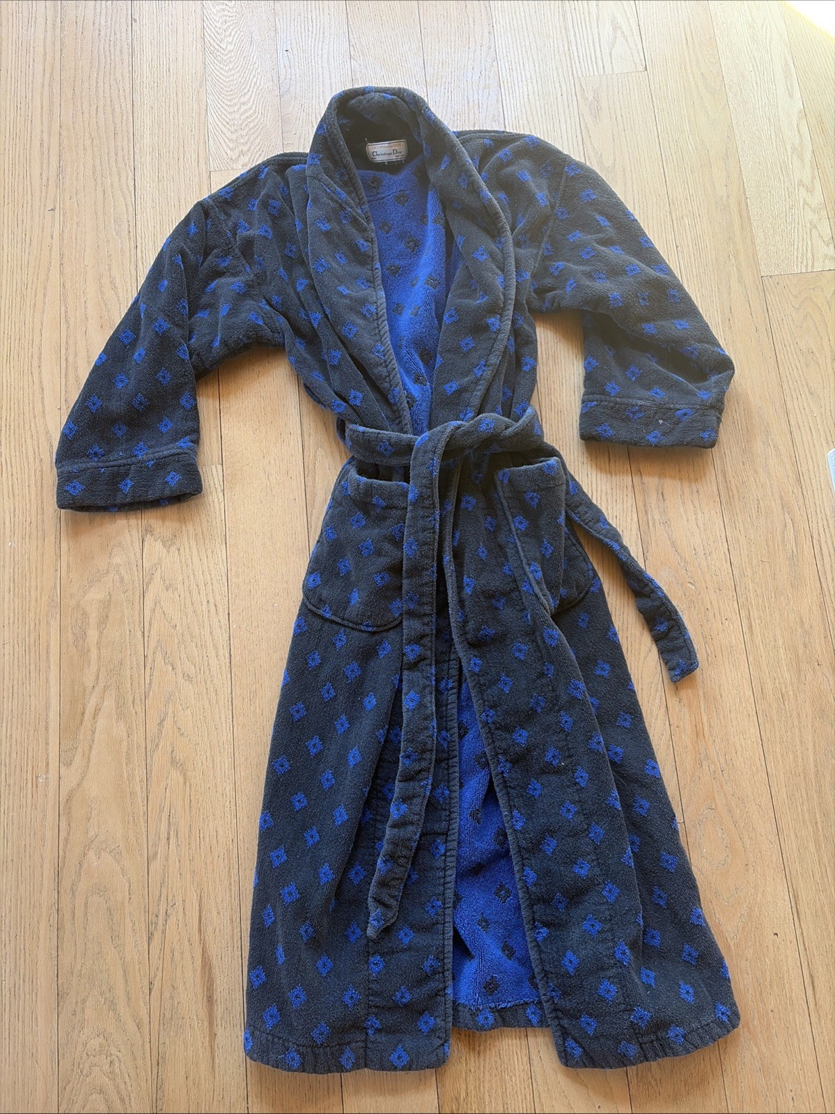 Vintage Christian Dior Monsieur Robe Kimono Geometric Pattern Retro Black Blue