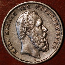 Deutsche Staaten W&Uuml;RTTEMBERG 5 Mark 1876 Karl I KM# 623 Silber