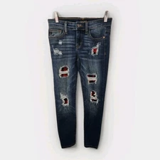 Judy Blue Buffalo Plaid Patch Distressed Skinny Jeans Womens 3/26 Stretchy Comfy