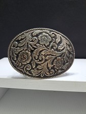 Western Style Oval Belt Buckle Floral Scroll Engraved Rope Border