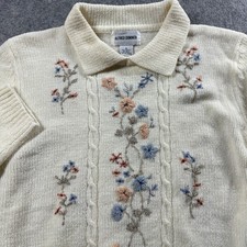 Alfred Dunner Sweater S Cream Floral Embroidered Chenille Cable Knit Grandmacore