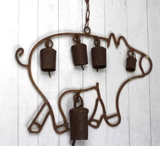 Vintage Welded Metal Pig and Rusty Weathered Farm Bells Wind Chime Farmhouse