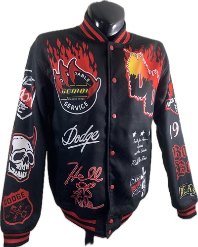 Reason Mens L Black Dodge Demon SRT Varsity Bomber Jacket Racing Snap - product listing photo