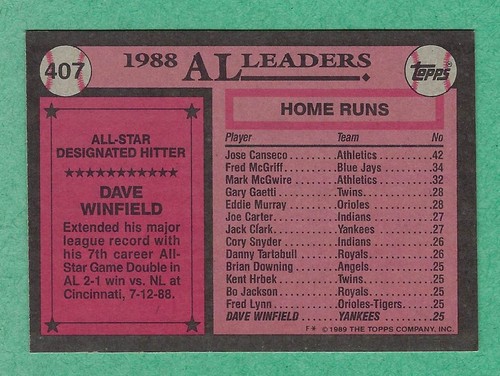 1989 Topps Baseball - Dave Winfield #407 Yankees All Star HOF - Bild 2 von 2