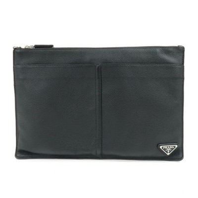 PRADA Triangle Logo Calf Leather Clutch Bag Flat Pouch Black 2VN013 Used F/S