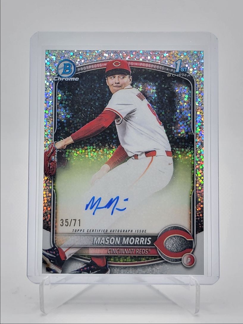 MASON MORRIS 2025 BOWMAN CHROME DRAFT 1ST SPARKLE REFRACTOR AUTO /71 Q4354