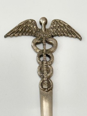 Vintage MCM Silver Pfizer Rondomycin Caduceus Letter Opener Medical Doctor Pharm