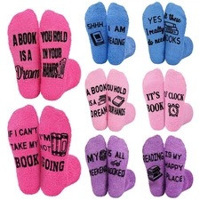 8 Pairs Book Club Socks Gifts Book Lovers Fluffy Fuzzy Slipper Warm Socks for...