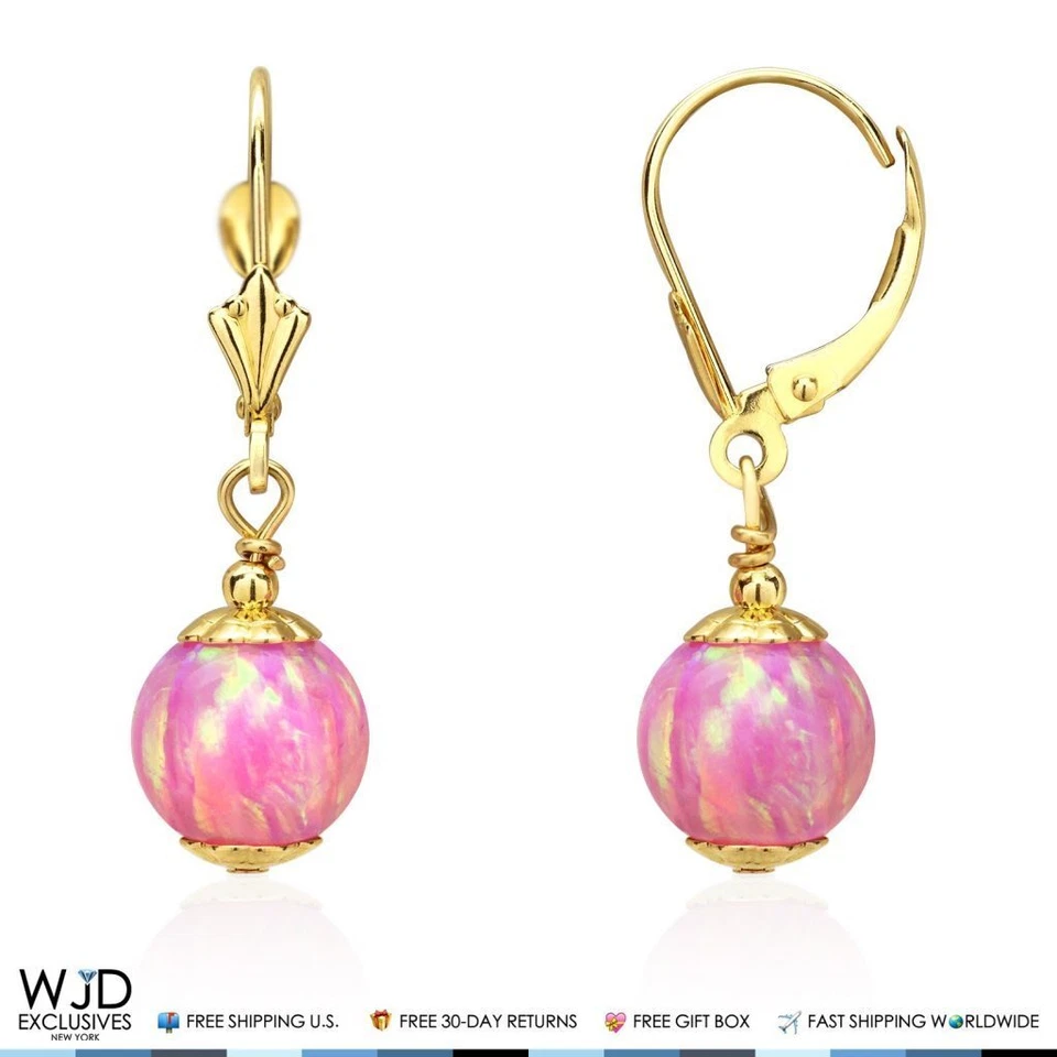 Pendientes colgantes de bola de ópalo de fuego rosa de oro amarillo de 14K con palanca Foto 2 de 4