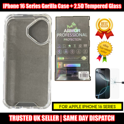 Anti Shock Gorilla Schutzhülle für iPhone 16 Serie + 2.5D Hartglas