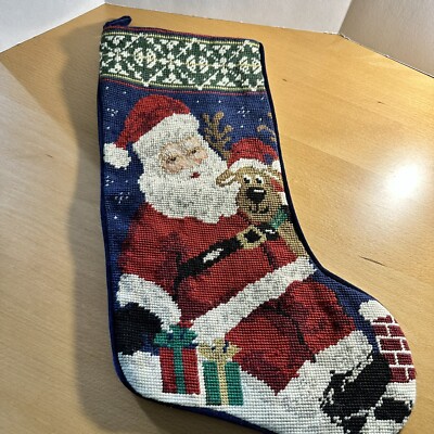 Hand Done Needlepoint Embroidered Christmas Santa Claus Stocking Wool/Velvet